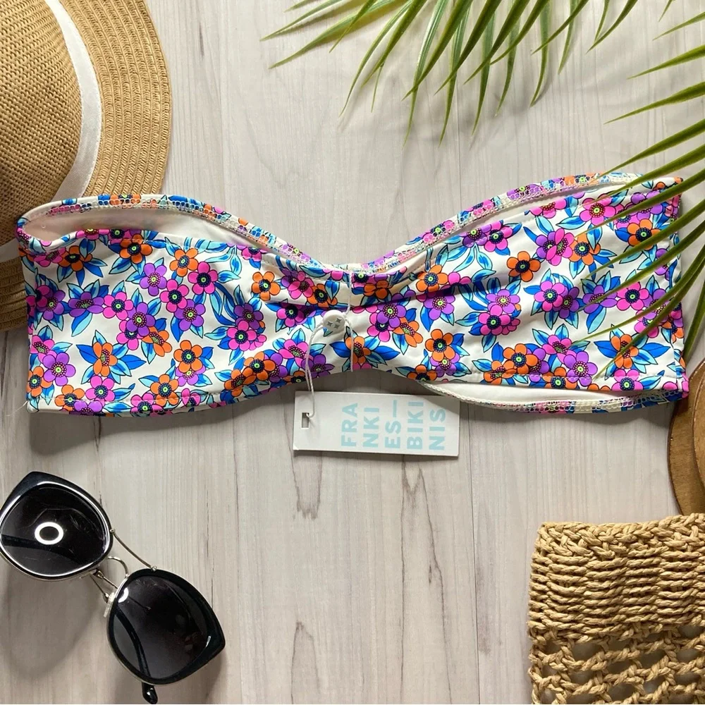 Frankie’s Bikinis 🌸 Floral Cinched Strapless Bandeau Bikini Top 🏝️☀️👙
